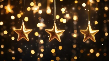 Poster - Falling golden stars illuminate the night, with shimmering bokeh lights enhancing the serene and festive atmosphere on a black backdrop.
