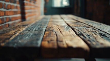 Aufkleber - Focus on a well-worn wooden table, with a blurred rustic brick wall in the background, highlighting its natural beauty and vintage vibe.