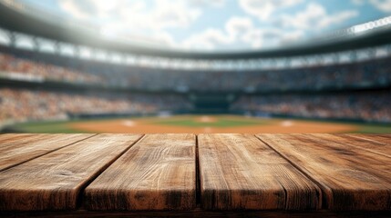 Aufkleber - Focused image of a wooden table with a blurry, lively baseball stadium in the distance, capturing the contrast between calm and excitement.
