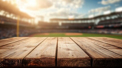 Aufkleber - Focused image of a wooden table with a blurry, lively baseball stadium in the distance, capturing the contrast between calm and excitement.