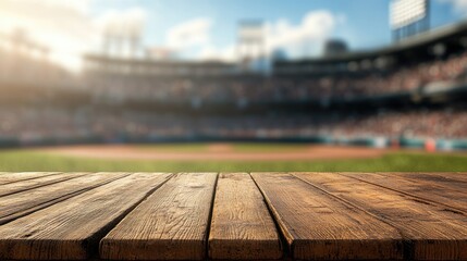 Poster - Focused shot of a wooden table with the lively atmosphere of a baseball stadium blurred in the distance, offering a dynamic setting.