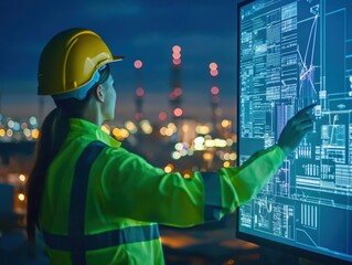 Poster - Engineer Analyzing Data on Large Screen at Night in Urban Setting