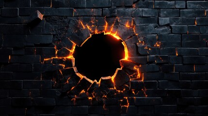 Poster - Glowing cracks surround a black hole as it breaks through a glossy black ceramic brick wall, casting dramatic light across the dark surface.