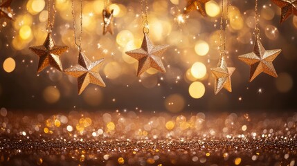 Poster - Golden falling stars shimmer against a warm orange background, surrounded by sparkling bokeh lights creating a magical effect.