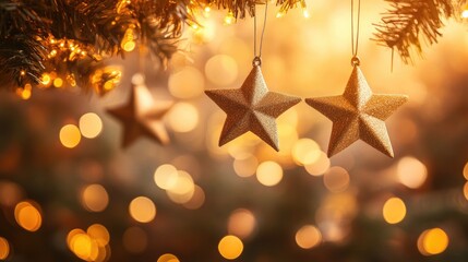 Poster - Golden falling stars streak through the sky, with shimmering bokeh lights blending seamlessly into a warm orange backdrop, creating a dreamy atmosphere.