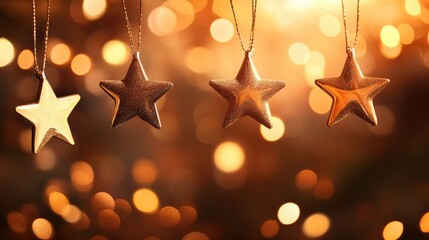 Poster - Golden falling stars streak through the sky, with shimmering bokeh lights blending seamlessly into a warm orange backdrop, creating a dreamy atmosphere.