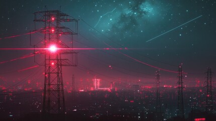 Poster - Illuminated energy tower beams laser light across a dark cityscape, surrounded by electricity towers, beneath a vast star-filled sky.
