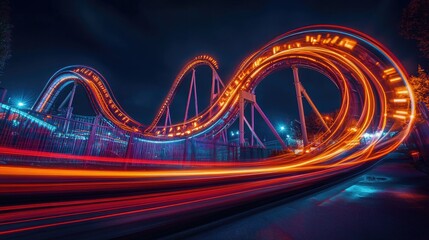 Poster - Long exposure shot of rollercoaster light trails creating dramatic curves and loops, illuminating the dark night with intense color.