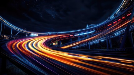 Poster - Long exposure shot of rollercoaster light trails creating dramatic curves and loops, illuminating the dark night with intense color.