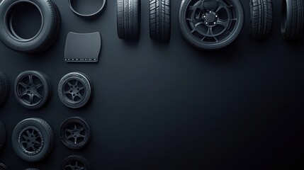 Fototapete - Various car tires, rims, and brake pads are neatly arranged on a dark background, showcasing automotive components for enthusiasts. Generative AI