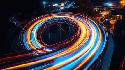 Poster - Long exposure shot of rollercoaster light trails creating dramatic curves and loops, illuminating the dark night with intense color.
