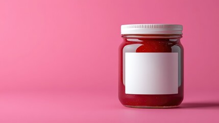 Poster - Professional mockup of raspberry jam in a glass jar with a blank white label, perfectly centered on a vibrant pink background, ready for branding.