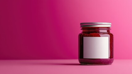Poster - Professional mockup of raspberry jam in a glass jar with a blank white label, perfectly centered on a vibrant pink background, ready for branding.
