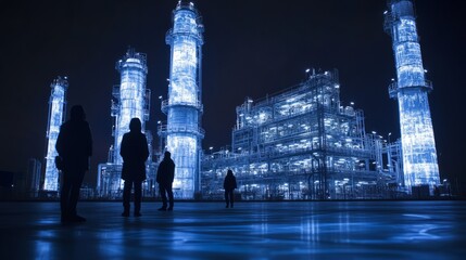 Poster - Digital twin technology being used in an industrial setting, such as an oil and gas refinery or factory. Industry technology
