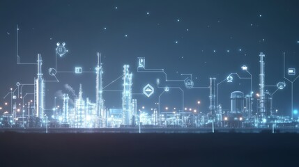 Poster - Digital twin technology being used in an industrial setting, such as an oil and gas refinery or factory. Industry technology