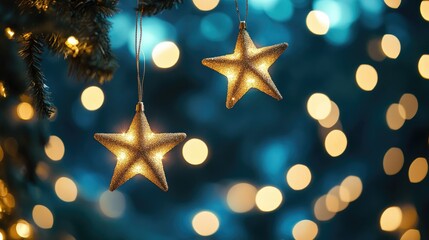 Poster - Radiant golden stars cascade across a dark sky, surrounded by soft bokeh lights, creating a magical and festive mood.