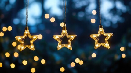 Poster - Radiant golden stars cascade across a dark sky, surrounded by soft bokeh lights, creating a magical and festive mood.