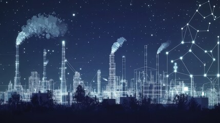 Poster - Digital twin technology being used in an industrial setting, such as an oil and gas refinery or factory. Industry technology