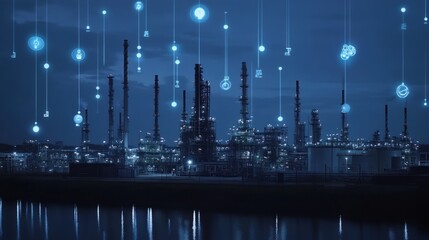 Poster - Digital twin technology being used in an industrial setting, such as an oil and gas refinery or factory. Industry technology