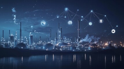 Poster - Digital twin technology being used in an industrial setting, such as an oil and gas refinery or factory. Industry technology