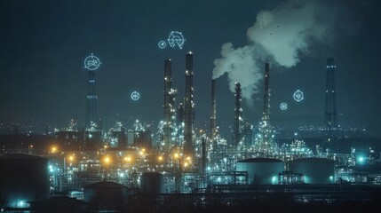 Poster - Digital twin technology being used in an industrial setting, such as an oil and gas refinery or factory. Industry technology