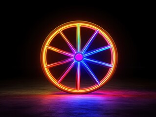 Poster - Neon Colorful Wheel Design with Bright Light on Black Background