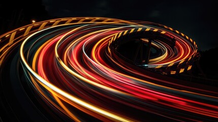 Poster - Rollercoaster light trails captured in long exposure, forming exciting curves and loops as they cut through a dark, thrilling atmosphere.