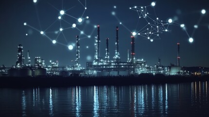 Poster - Digital twin technology being used in an industrial setting, such as an oil and gas refinery or factory. Industry technology