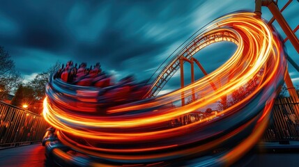 Poster - Rollercoaster light trails in full motion, captured artistically and illuminated against a lively park setting, with vibrant colors.