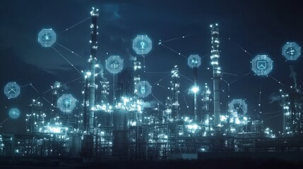 Poster - Digital twin technology being used in an industrial setting, such as an oil and gas refinery or factory. Industry technology