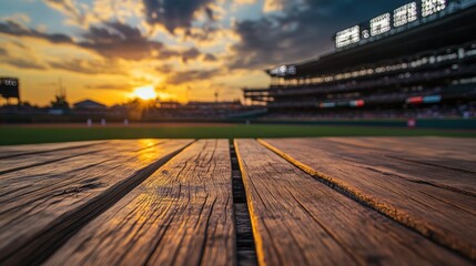 Aufkleber - Sharp focus on a wooden table surface, with a blurred view of a lively baseball stadium in the distance, creating a dynamic contrast.