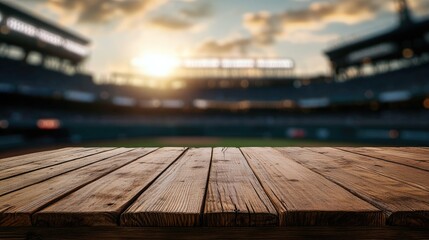 Poster - Sharp focus on a wooden table with the bustling outline of a baseball stadium in the background, emphasizing the dynamic contrast.