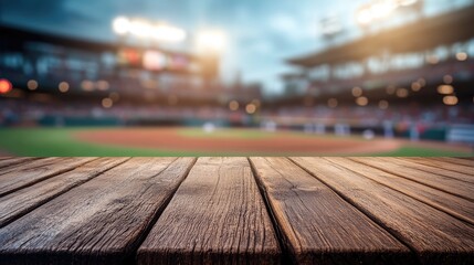 Poster - Sharp focus on a wooden table surface, with a blurred view of a lively baseball stadium in the distance, creating a dynamic contrast.