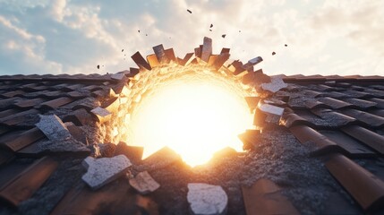 Poster - Shattered ceramic roof tiles frame a glowing white hole as it bursts through, casting intense light in every direction.