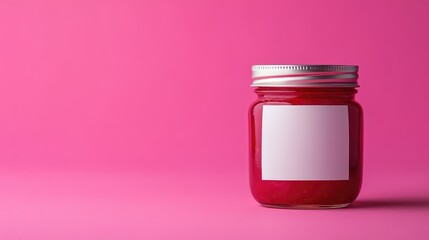 Aufkleber - Simple yet eye-catching raspberry jam jar with a blank white label, placed in the center of a vibrant pink background for design purposes.