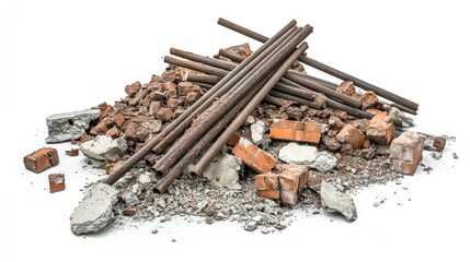 Poster - Steel bars, broken bricks, and debris from a collapsed structure, scattered on a clean white background, highlighting the wreckage's texture.