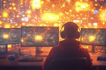Poster - Focused male gamer in a red hoodie, immersed in multiple monitors displaying vibrant digital data and graphics.