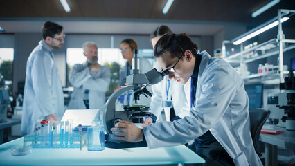 Leinwandbilder - Head of Laboratory Making a Bioengineering Experiment with a Group of Young Science College Students. Future Specialists Working with Modern Microscopes, Using Tablet and Laptop Computers