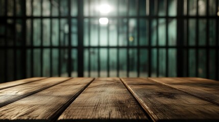 Aufkleber - The smooth wood of a table stands in contrast to the blurred and dark jail in the background, with metallic bars and weak lighting.