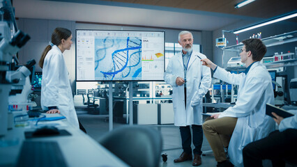 Aufkleber - Group of Talented Female and Male STEM Students Having a Meeting with Their Senior Teacher in a Modern Laboratory. Professor Showing a Presentation About Biochemistry or
Biophysics on Screen