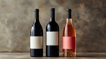 Poster - Three wine bottles arranged diagonally, showcasing red, white, and rose varieties, with clear emphasis on the labels for branding and design purposes.