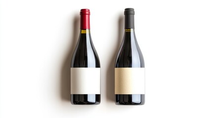 Poster - Two artfully arranged wine bottles, red and white, with empty labels, displayed on a white background, ready for design additions.