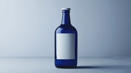 Aufkleber - Vibrant blue beer bottle with a blank white label, set against a minimalist grey background, ideal for creative packaging or branding projects.
