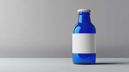 Aufkleber - Vibrant blue beer bottle with a blank white label, set against a minimalist grey background, ideal for creative packaging or branding projects.