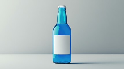 Aufkleber - Vibrant blue beer bottle with a blank white label, set against a minimalist grey background, ideal for creative packaging or branding projects.