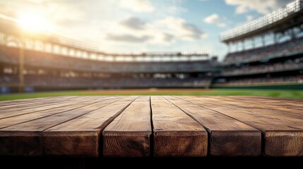 Poster - Wooden table in sharp focus, with the bustling baseball stadium blurred in the background, creating a sense of motion and life.
