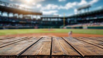 Poster - Wooden table in sharp focus, with the bustling baseball stadium blurred in the background, creating a sense of motion and life.