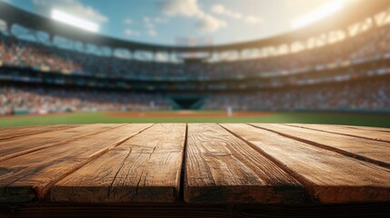 Poster - Wooden table surface in focus with a bustling baseball stadium blurred in the background, showcasing the vibrancy of the moment.