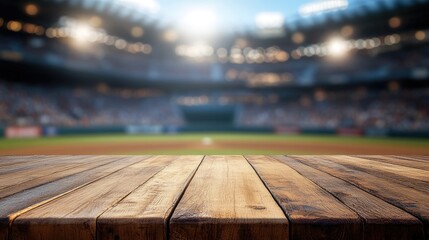 Poster - Wooden table surface in focus with a bustling baseball stadium blurred in the background, showcasing the vibrancy of the moment.
