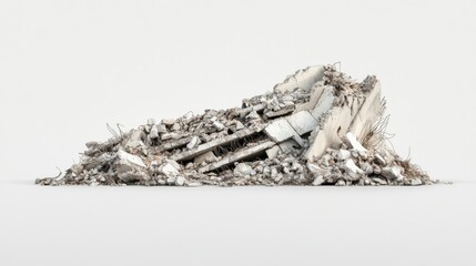 Poster - Wreckage of a collapsed building, with clear layers of destruction, isolated on a plain white backdrop for dramatic effect.
